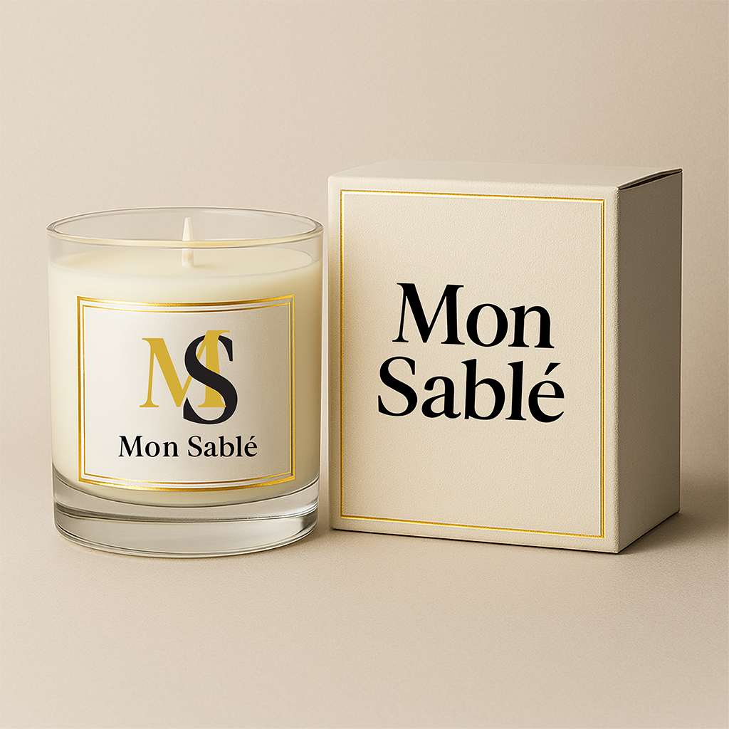 Mon Sablé – scented candle and box packaging