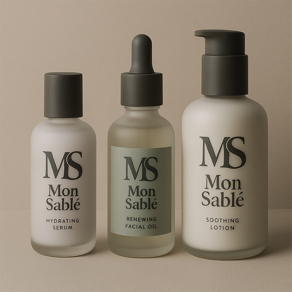 Mon Sablé – frosted skincare bottle lineup