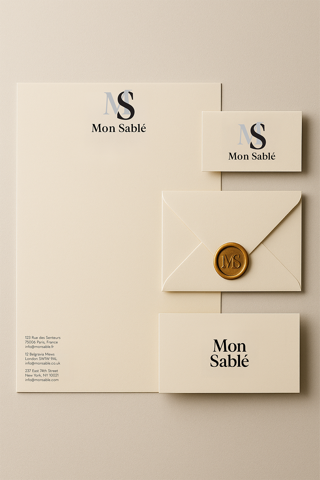Mon Sablé – letterhead, card, and envelope system